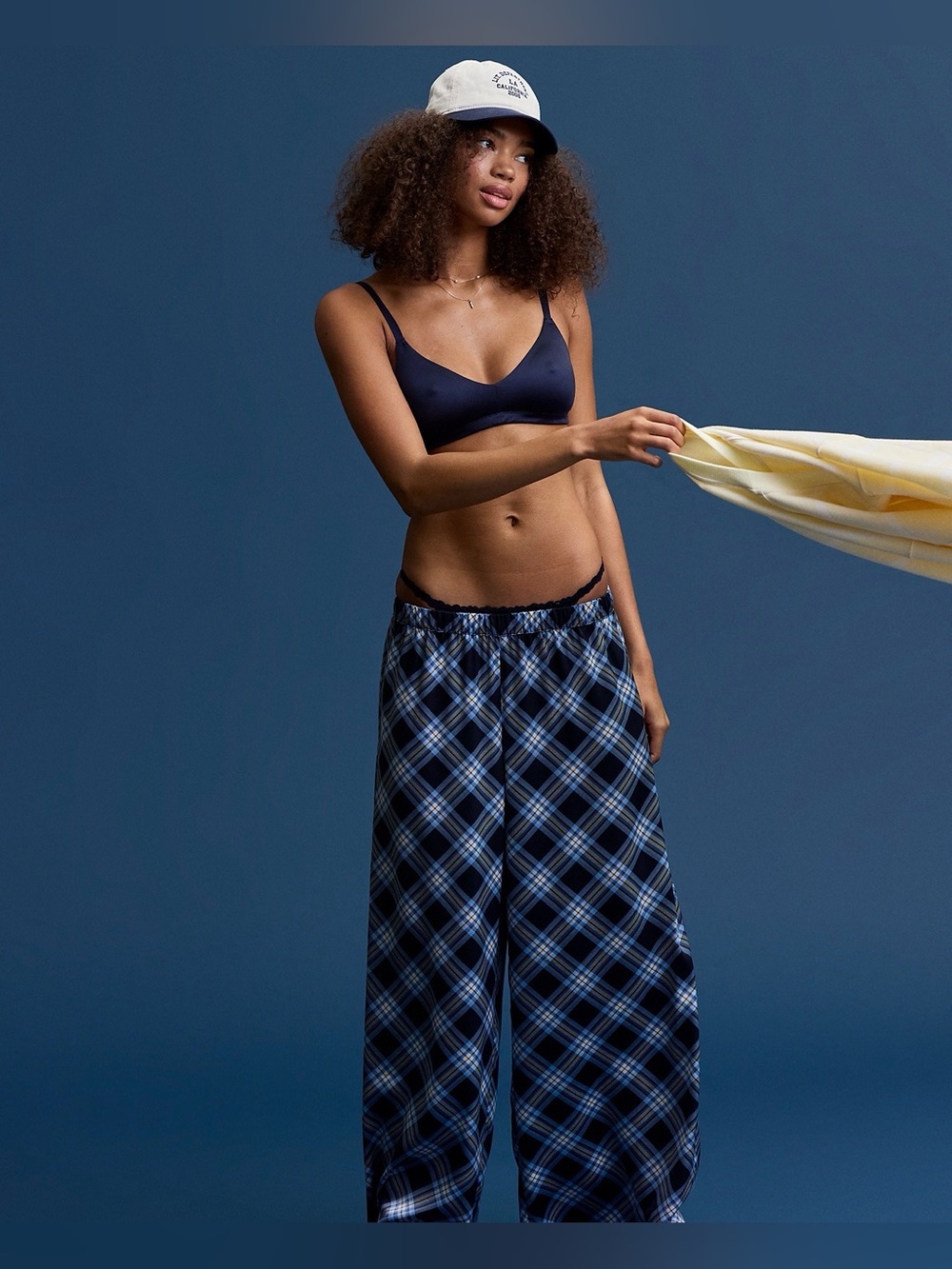 NWT Aerie Liquid Satin Wide Leg Pants Night Time Navy Plaid S M L